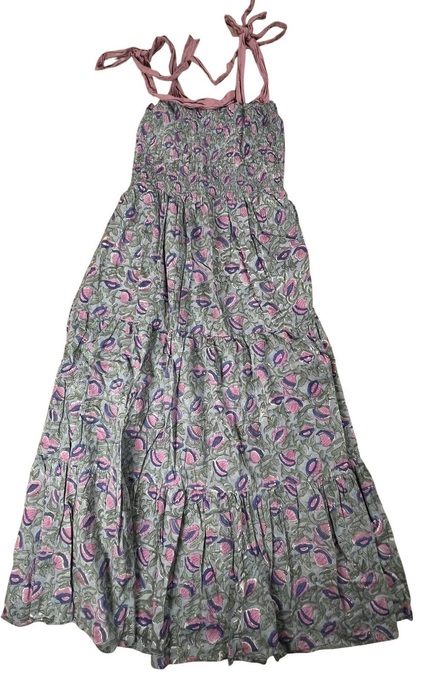 Growkrati Dress Womens L Gray Floral Maxi Square Strappy Ruffle Cotton Casual